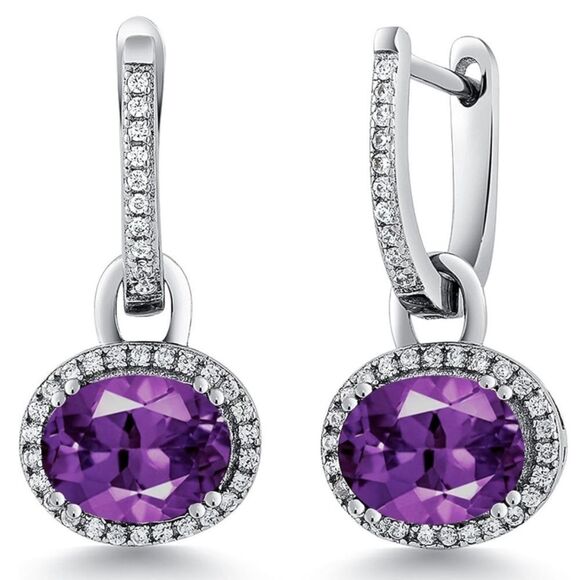 925 Sterling Silver with 4.16 Cttw Amethyst Oval Dangling French Lock Earrings - Picture 1 of 5